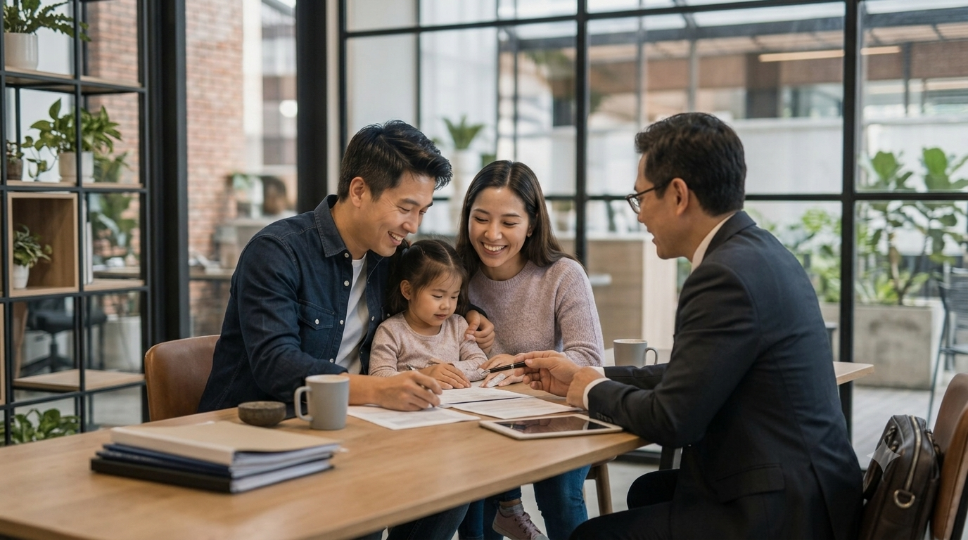 A family standing outside their first home holding the keys — the realized value of trustworthy financial data and governed decisioning