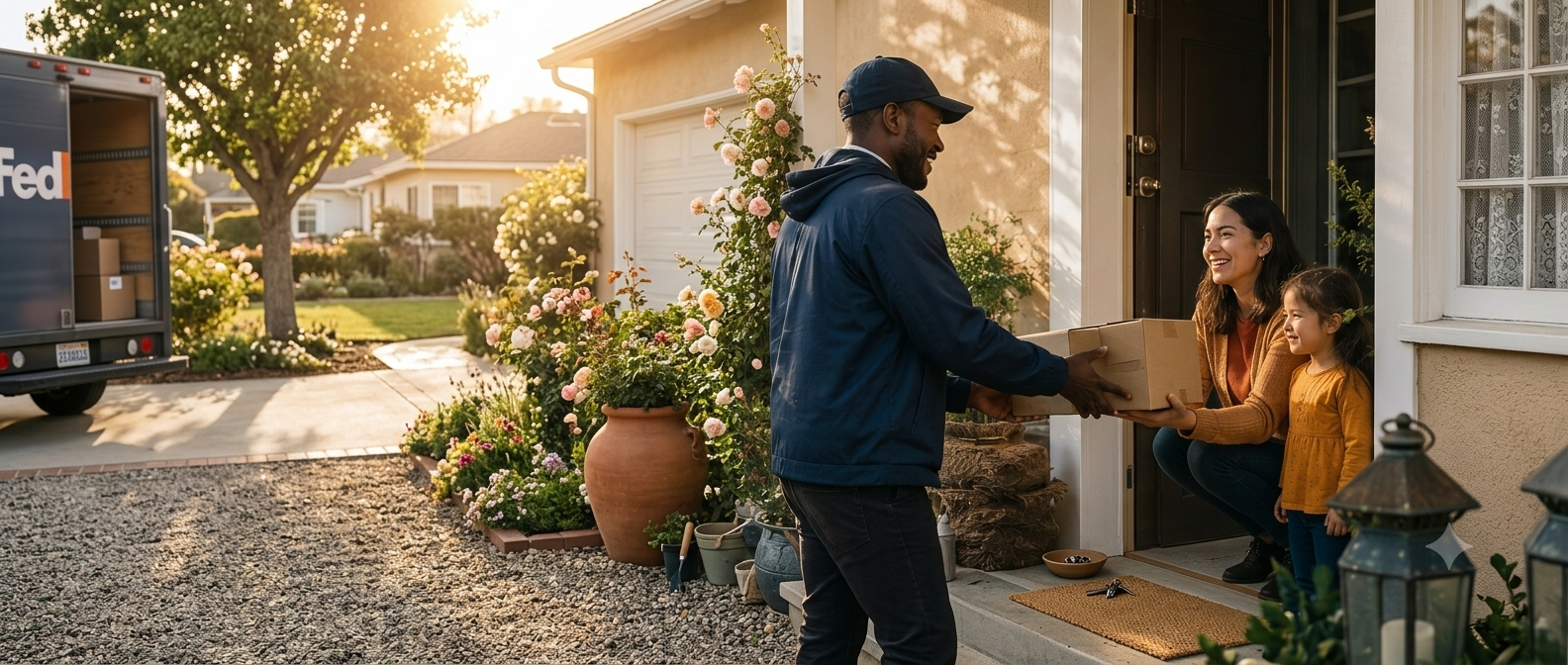 A neighborhood with visible energy and utility infrastructure — essential goods and services delivered reliably through well-governed operational data